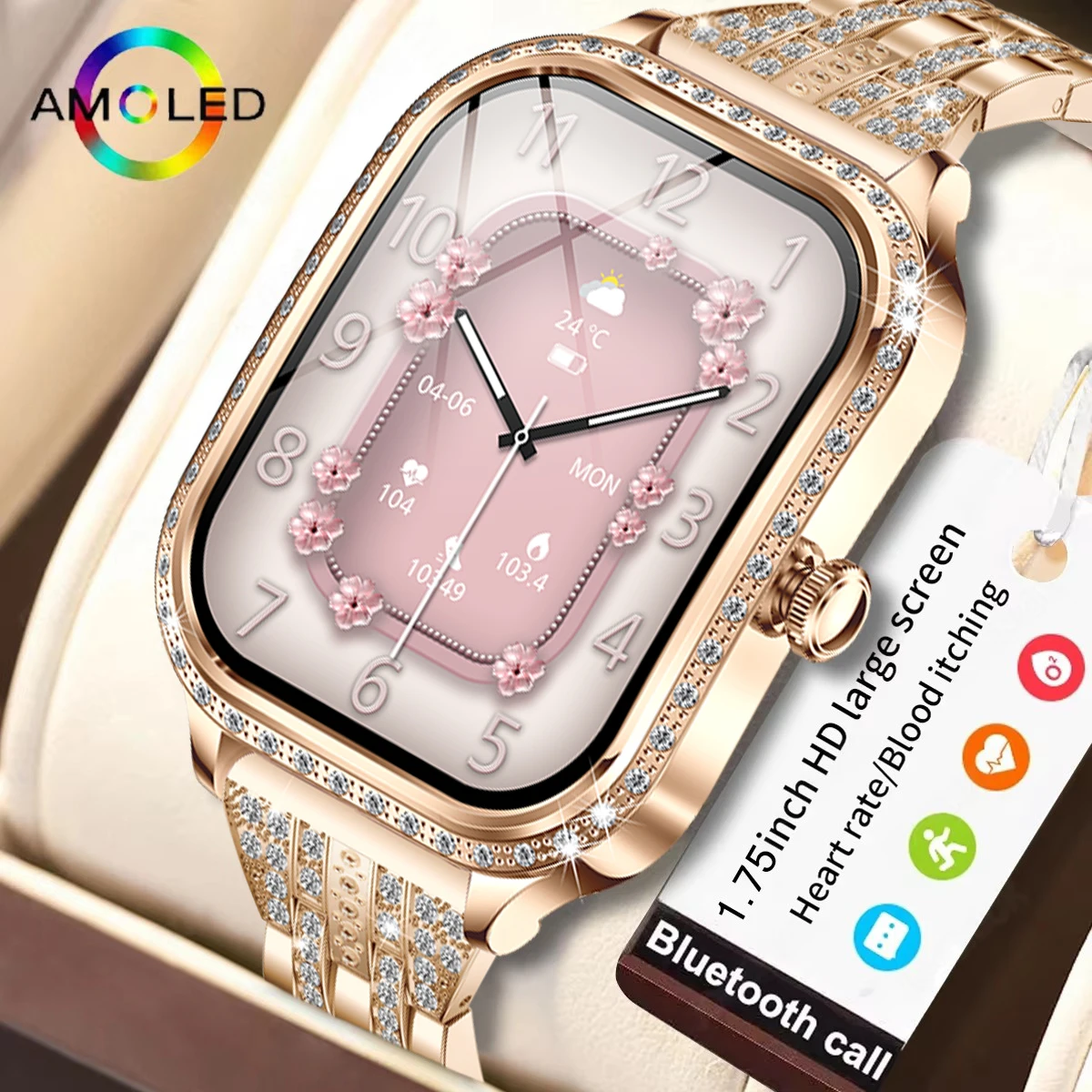 

New Fashion Smart Watch Women 1.75-inch Curved Screen Heart Rate Fitness Bracelet IP68 Waterproof Bluetooth Call Smartwatch Lady