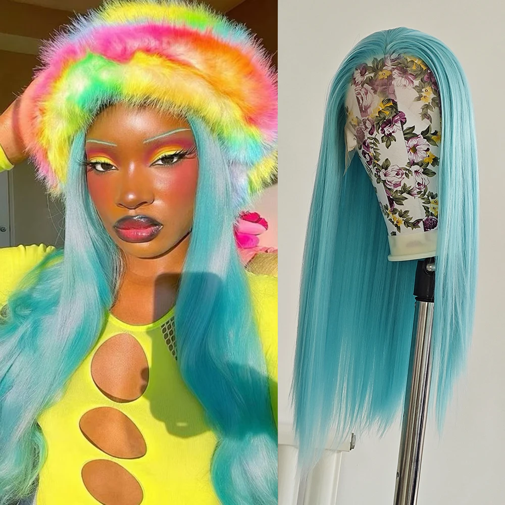 

Blue Straight Synthetic Wig Free Part Light Blue Hair Heat Fiber Lace Front Wig Women Cosplay Party Use Sky Blue Straight Hair