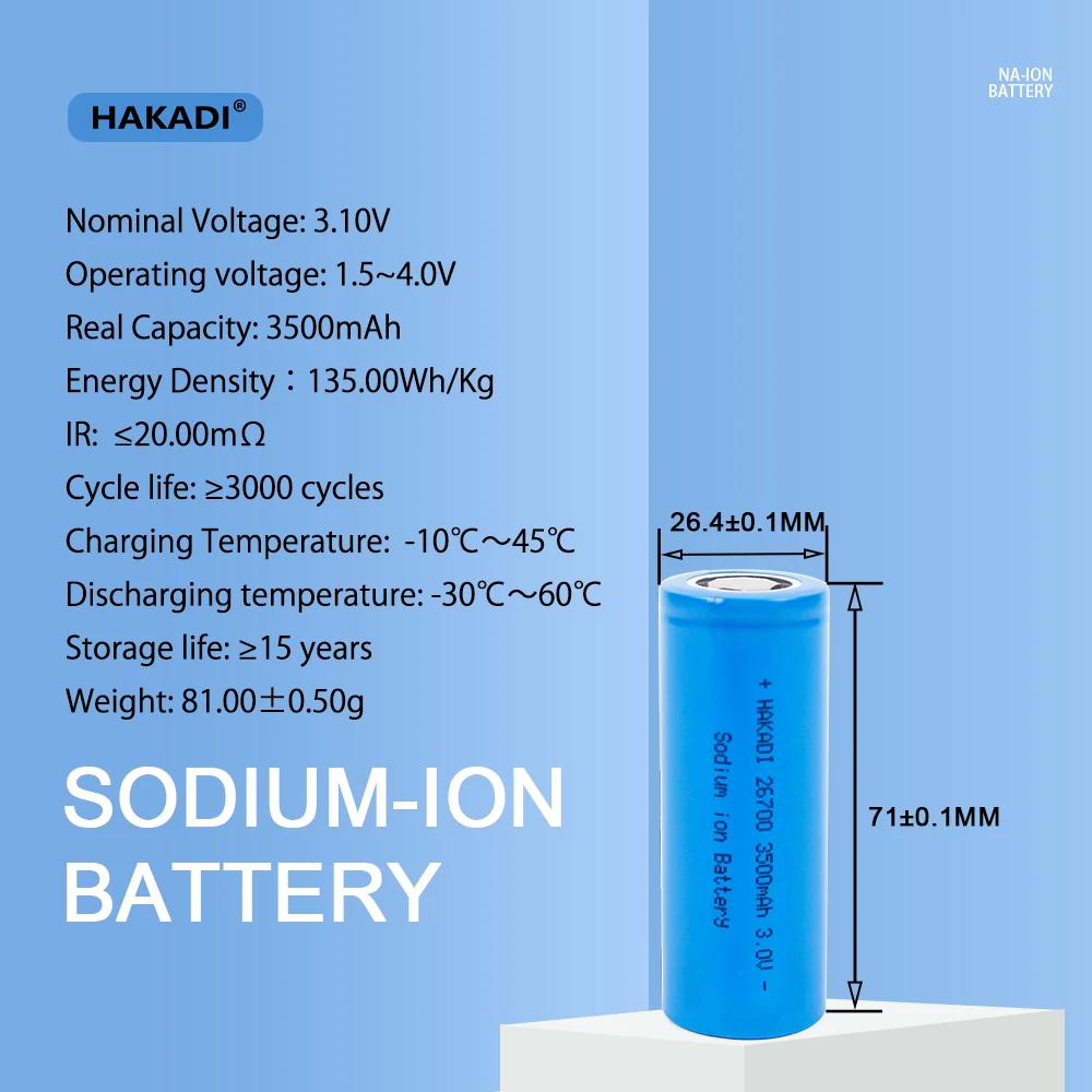 HAKADI Sodium-ion Rechargeale 3V 1300mah 1500mah 3500mah Batteries 100PCS For Solar Outdoor Power Supply Support -30℃ Discharge