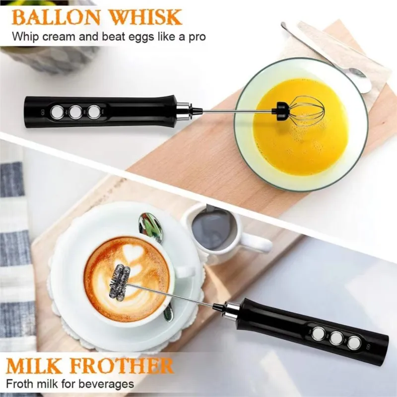 Electric Milk Frother Handheld Egg Beater with Stand USB Rechargeable Foam Maker Drink Mixer 3 Speeds or Coffee Matcha Latte