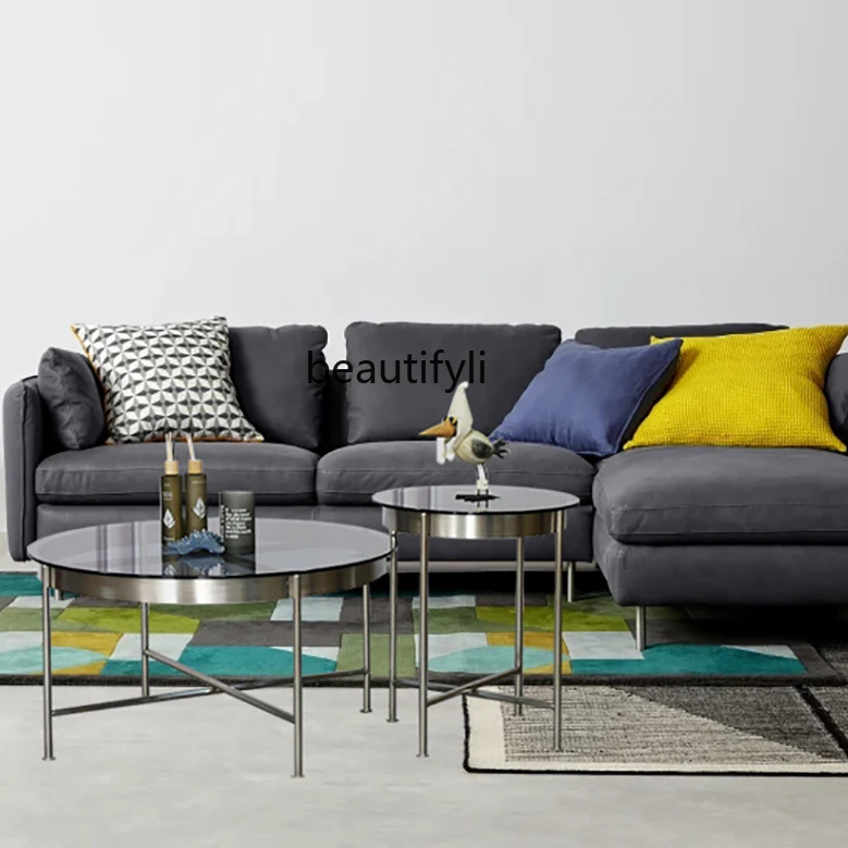 4yj15노르딕 라이트 럭셔리 원형 심플 모던 스테인리스 강화유리 커피 테이블 거실 가구 세트