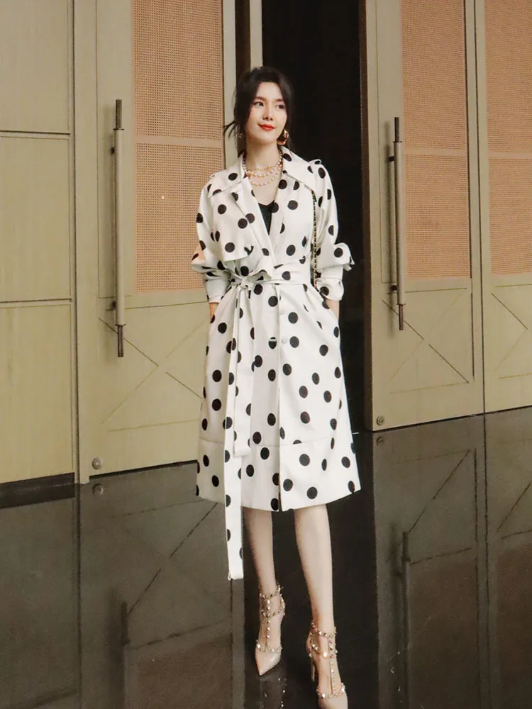 Classic retro black and white  Coat elegant polka dot long sleeved loose tie up temperament socialite mid length style new