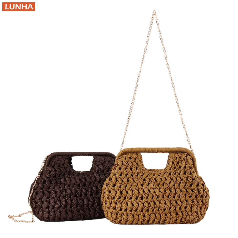 

Handwoven Straw Woven Small Tote Frame Handbag for Women Bohemian Style Crossbody Purse with Chain Strap