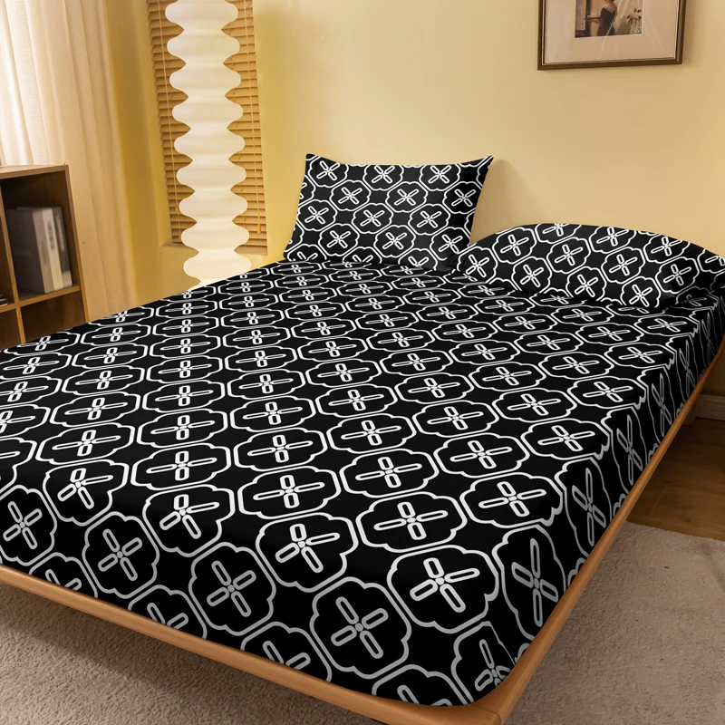 1 Simple Modern Geometry  Printed Matte Fitted Sheet, Bedroom Printed Bed Cover, Bedding (Excluding Pillowcases)