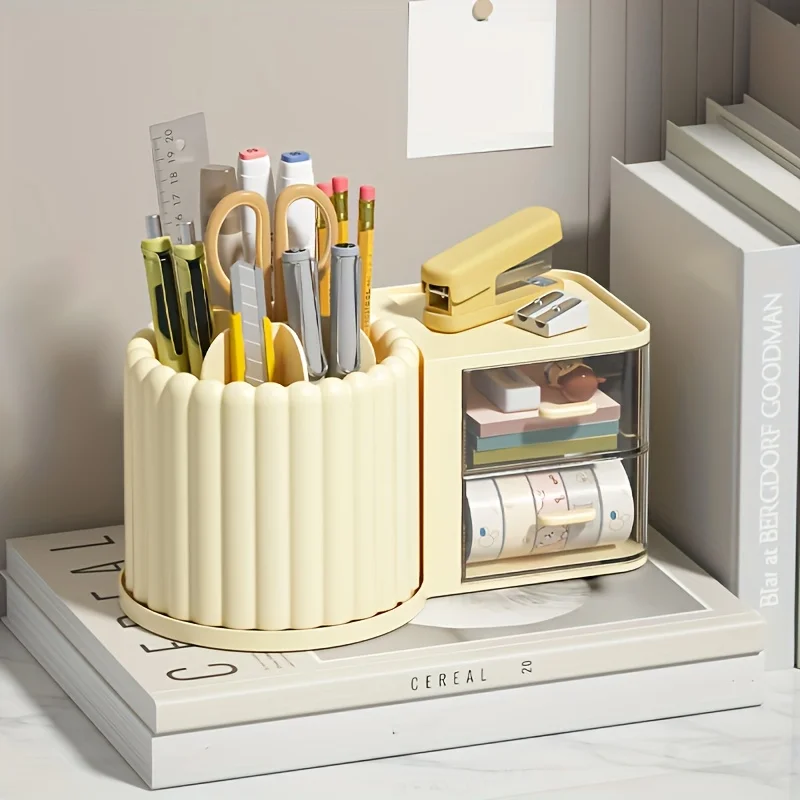 Large Capacity Desk Organizer With Transparent Drawer - Creative Pen Holder For Office Decor