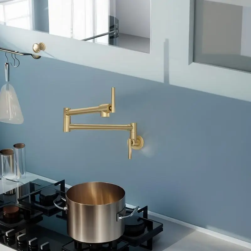 

Wall Mount Pot Filler Faucet - Foldable Stretchable Kitchen Sink Faucet with Single Hole and Dual Handles, Gold Finish