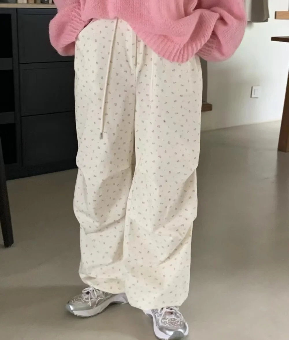 

Korean style Floral straight casual pants women drawstring elastic waist loose thin wide leg pants