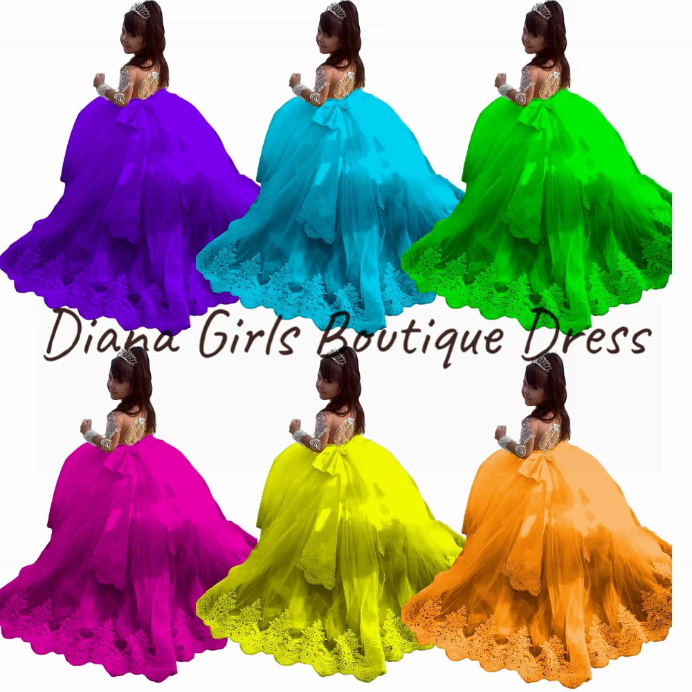 

Color Flower Girl Dress Gorgeous Lace Appliqued Sashes Scoop Neck Princess Pageant Gowns Kids Birthday Party Dresses