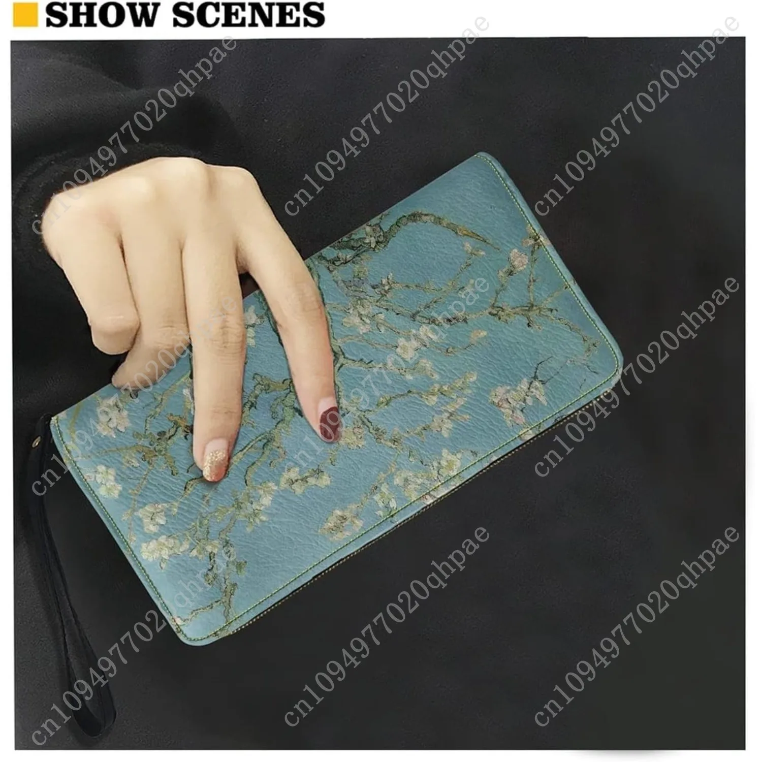 KIDVOVOU Women Van Gogh Rfid Blocking Credit Card Wallet Zipper PU Leather Long Purse Wristle Clutch Wallets,Almond Blossom