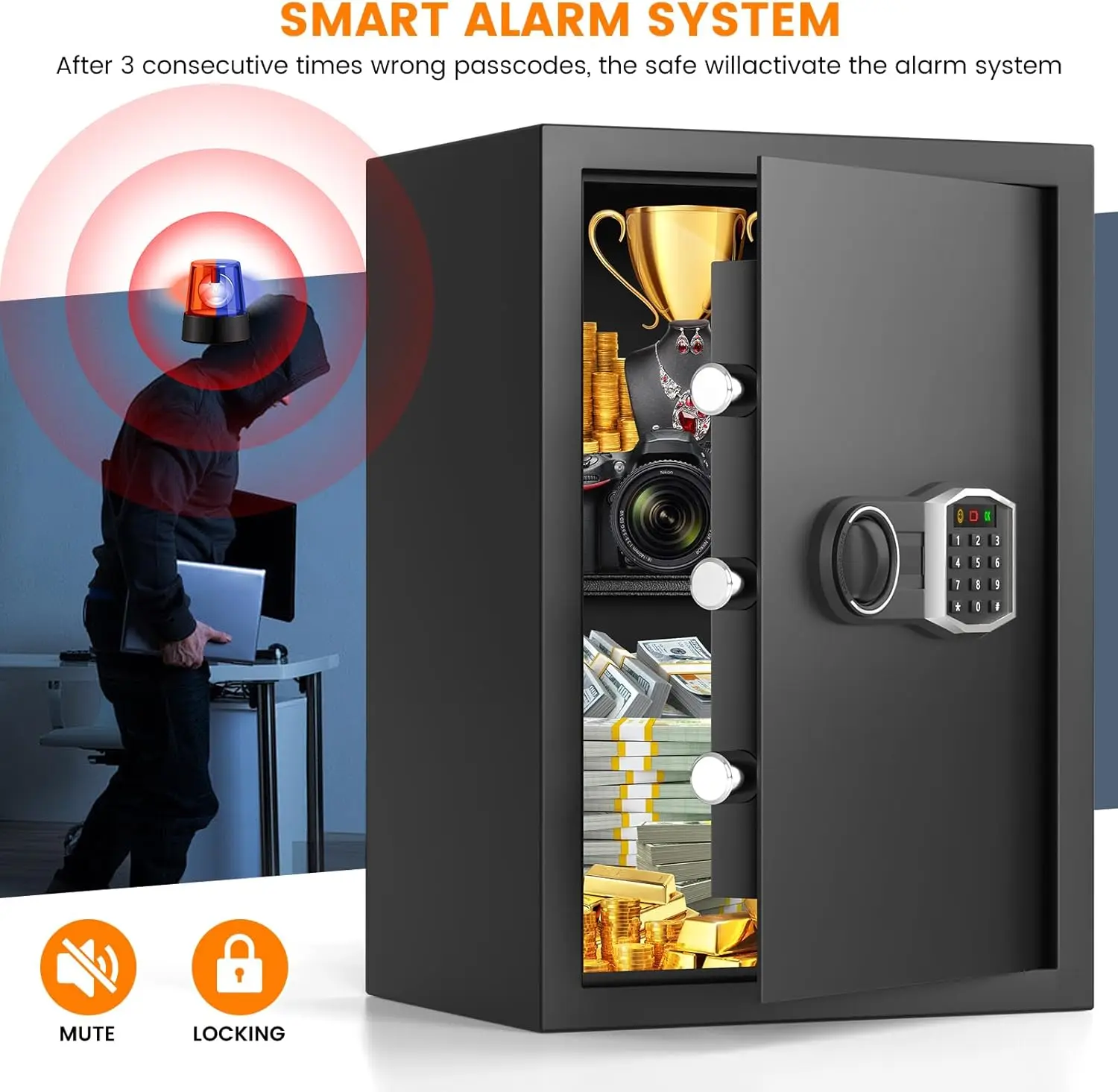 3.0 Cub Brankas Rumah Besar Tahan Api Tahan Air, Kotak Aman Atap Tembak Digital dengan Tas Tahan Api, Kunci Kombinasi dan Sistem Alarm