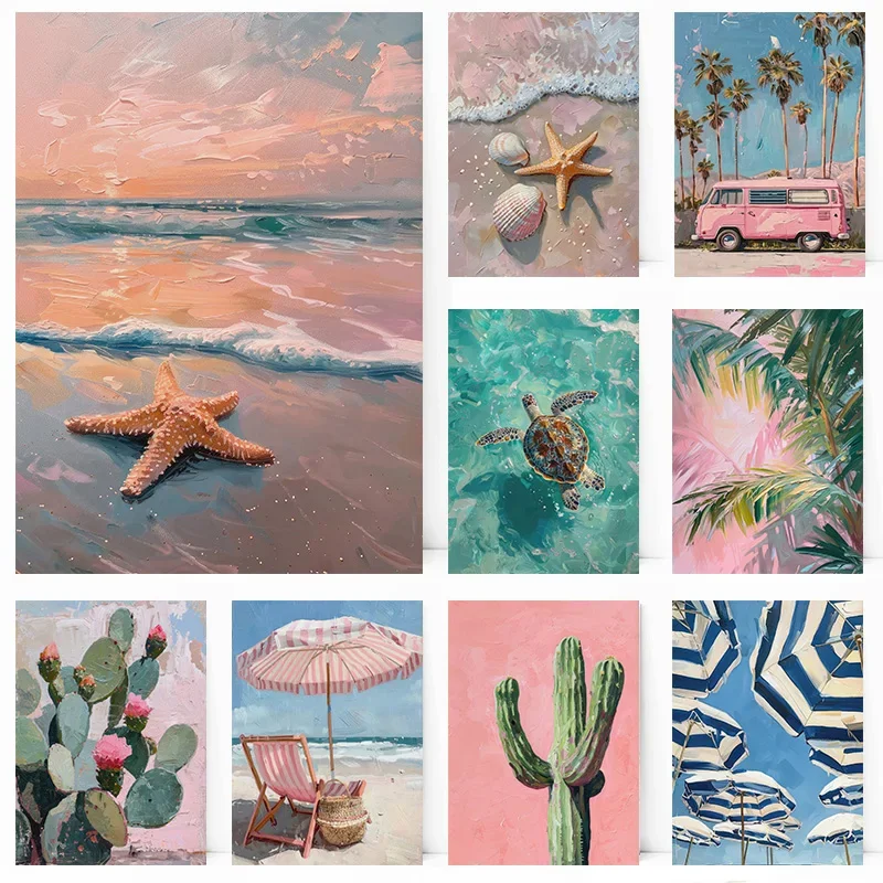 Beach Girly French Summe Cactus Palm Tree Sea Turtle Seashells Poster Print Wall Art Pictures Canvas Painting Room Home