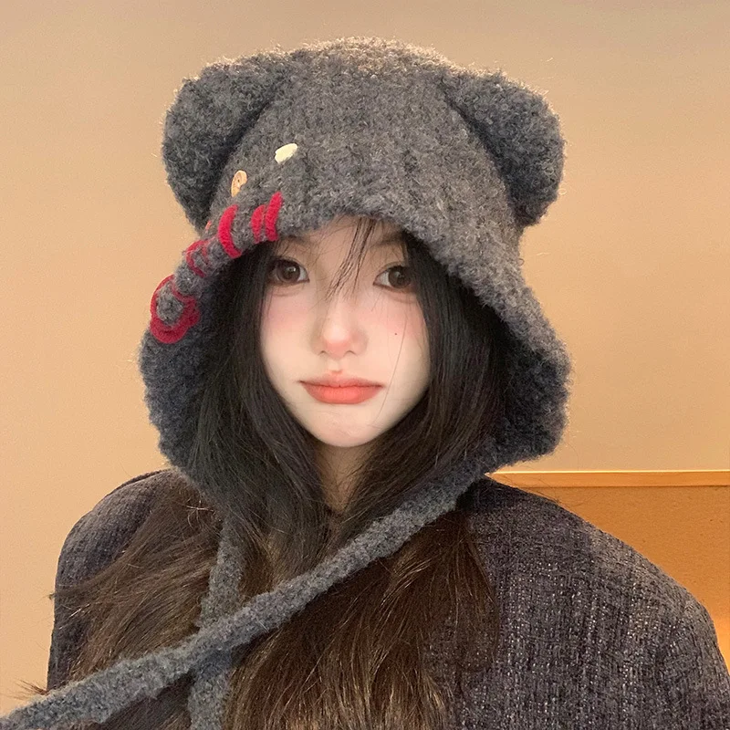 

Korean Version Winter Warm Sweet and Cute Button Bear Ears Pullover Cap Women's Outdoor Ear Protection Knitting Bomber Hats