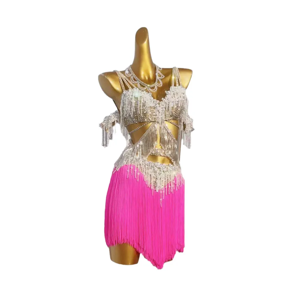 Latin Dance Women's High-end Customized Snowflake Pearl Tassel Samba Art Rhinestone Performance Clothing Dress