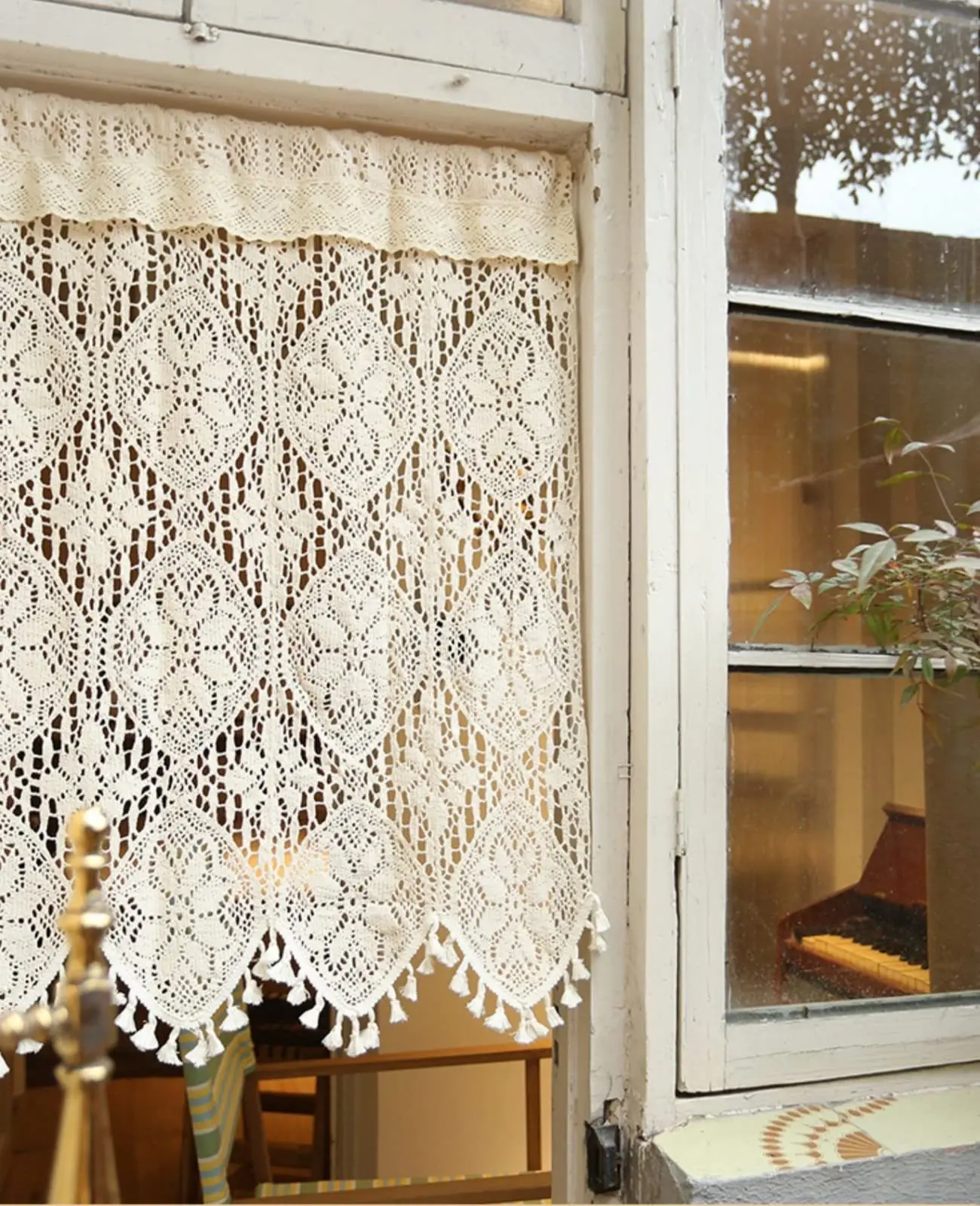 Short Curtain for Small Window Sheer Transparent Beige Cotton Hollow Crochet Lace Chic Bohemian Valance Panel Drapes