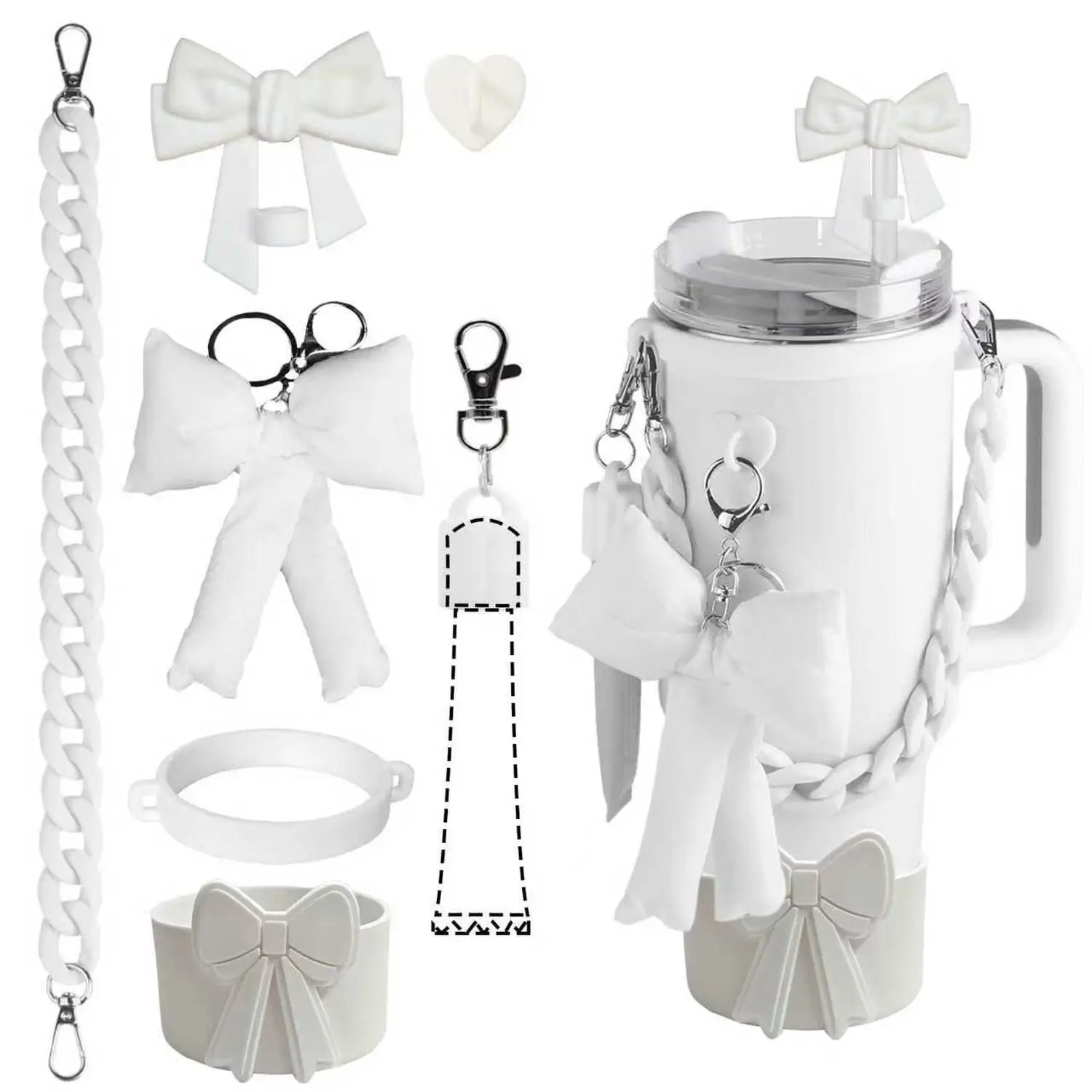 Small Flower Pendant Chain Hand Strap Keychain Bow Straw Topper And Cup Sleeve - Fashion Accessory Set