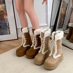 Comemore Women's 20245 Autumn and Winter Thick Soled Plush Warm Mid Length Lace Up Short Cotton Shoes with Fur and Snow Boots