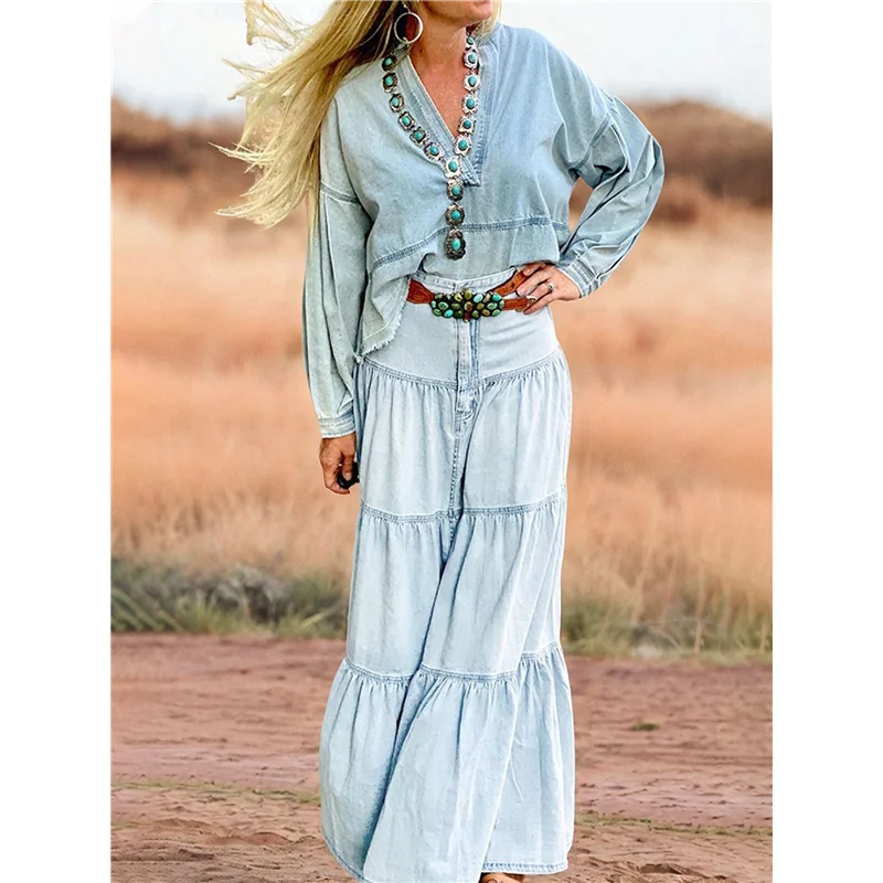 【Decoration de fête】 Jupes longues en jean pour femmes, jupes longues à plusieurs niveaux et boutonnées, taille haute