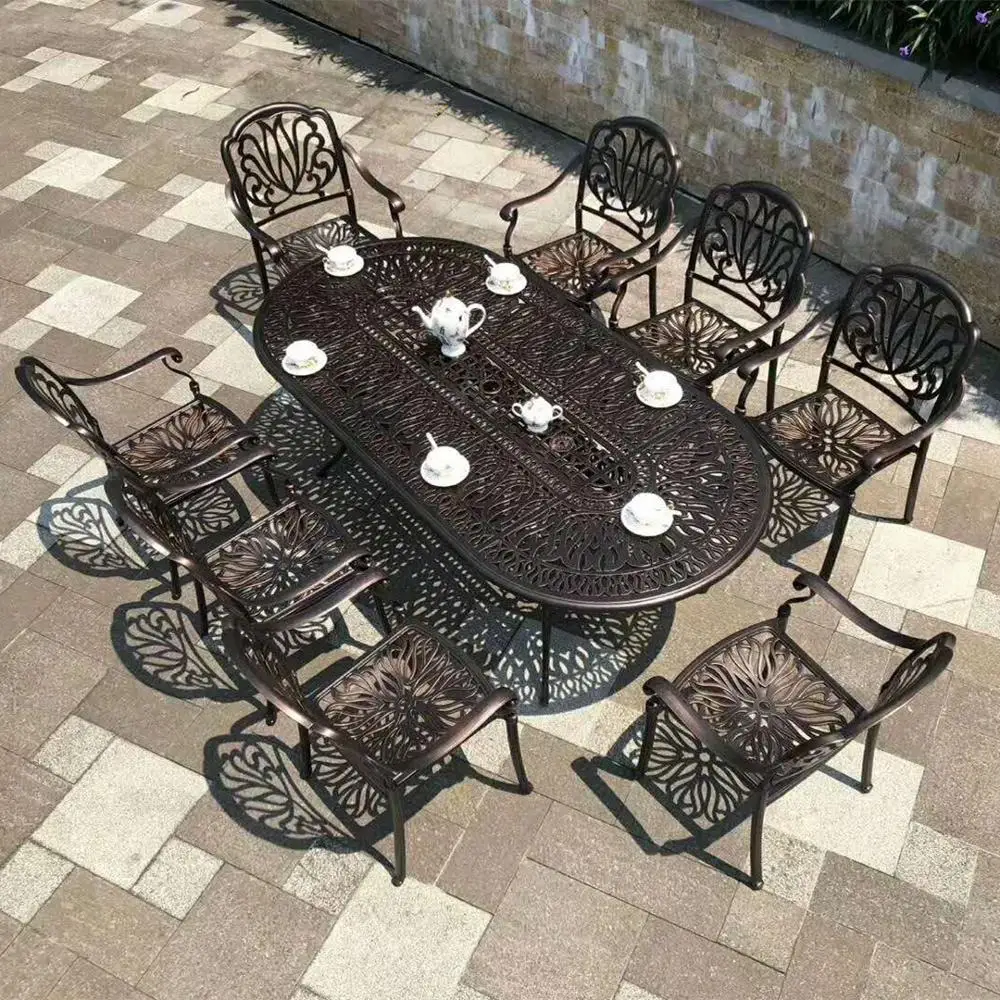 set of  9pcs outdoor furniture dining set solid aluminum oval table chairs backyard sets garden furniture set antrust waterproof