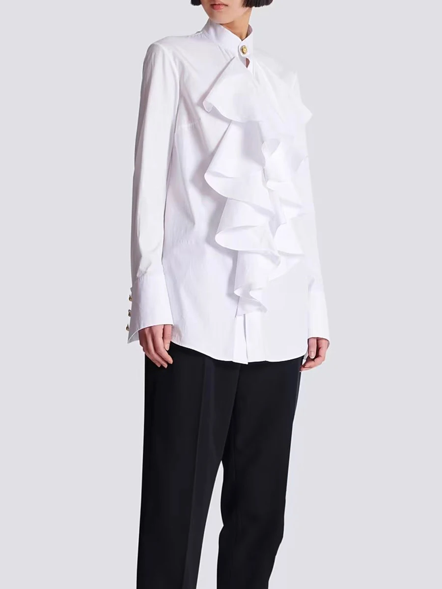 TWOTWINSTYLE Solide Gespleißt Pilz Falten Mode Shirts für Frauen Rundhals Lange Ärmel Patchwork Einreiher Hemd Weibliche