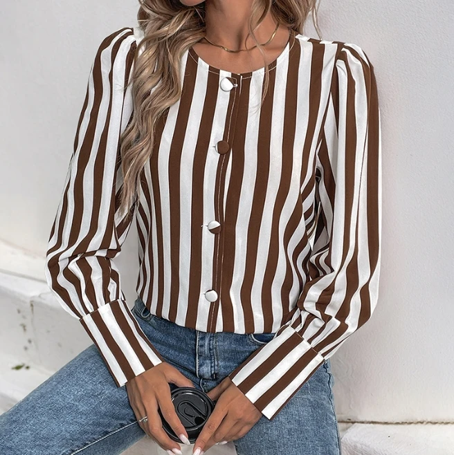 

V-neck single breasted cardigan striped contrasting long sleeved women's shirt