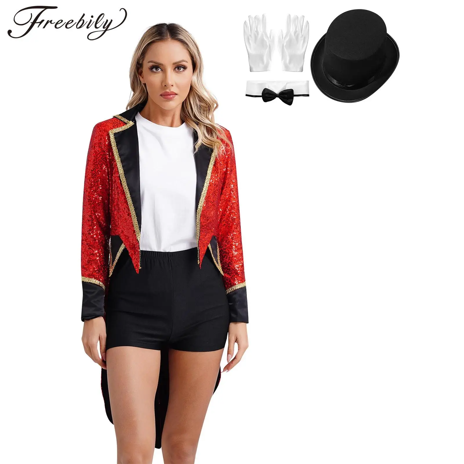 

Women Halloween Circus Ringmaster Magician Cosplay Costume Long Sleeve Sequin Lapel Open Front Tailcoat with Hat Bow Tie Gloves