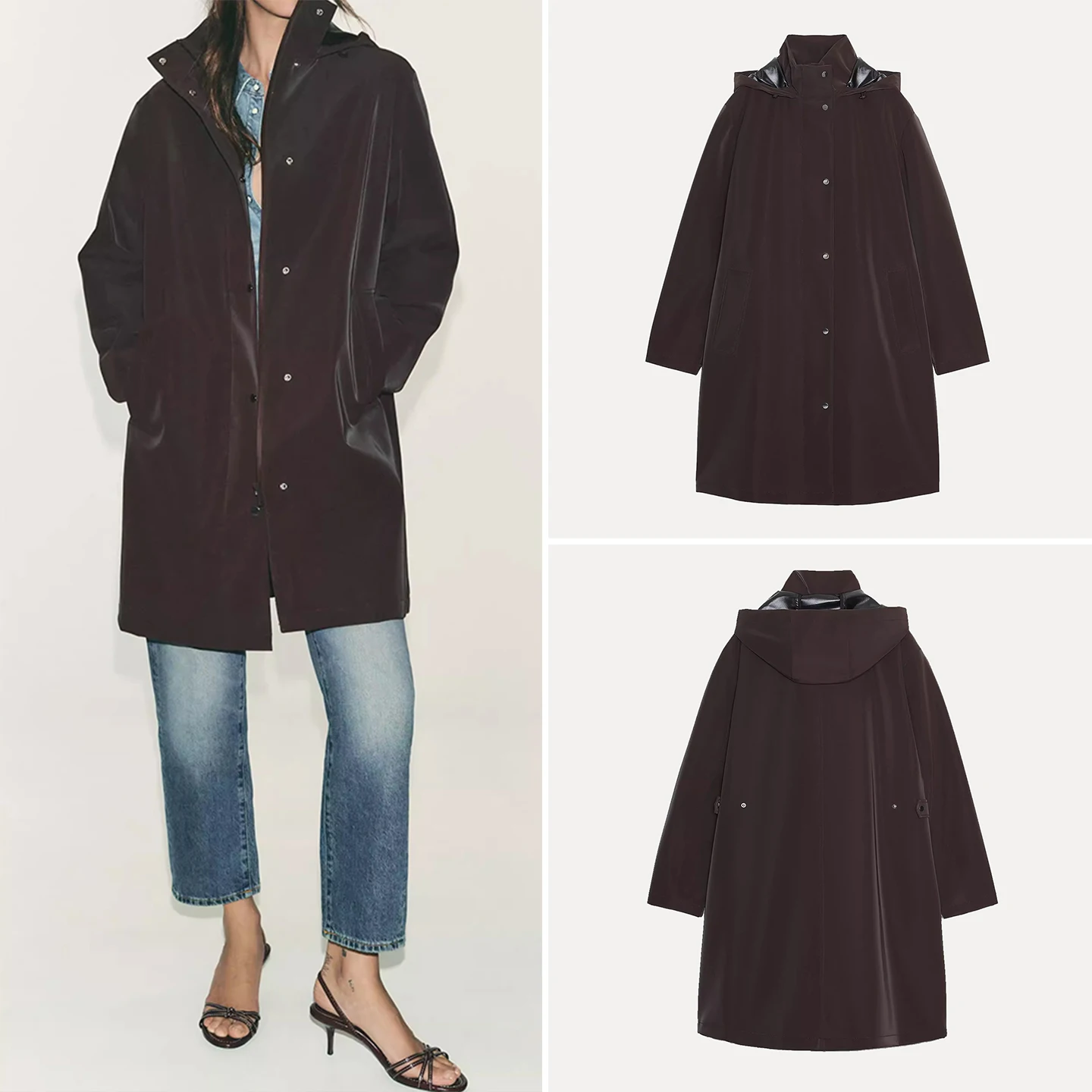 

Z Women's Faion Windproof Hooded Jaet Stand Collar Pred Glue Outerwear Long Sve Mid-Length Single Button Closure