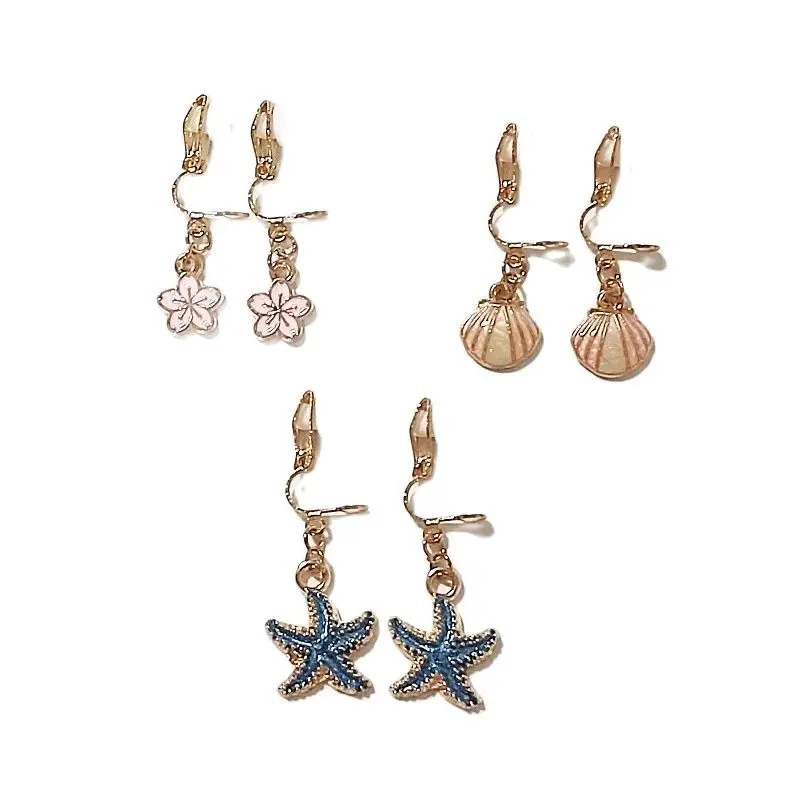 3pairs/set Lovely Mini Pink Flower Shell Clip Earrings For Women Girls Cute Animal Rabbit Starfish Earring Fashion Jewelry Gifts