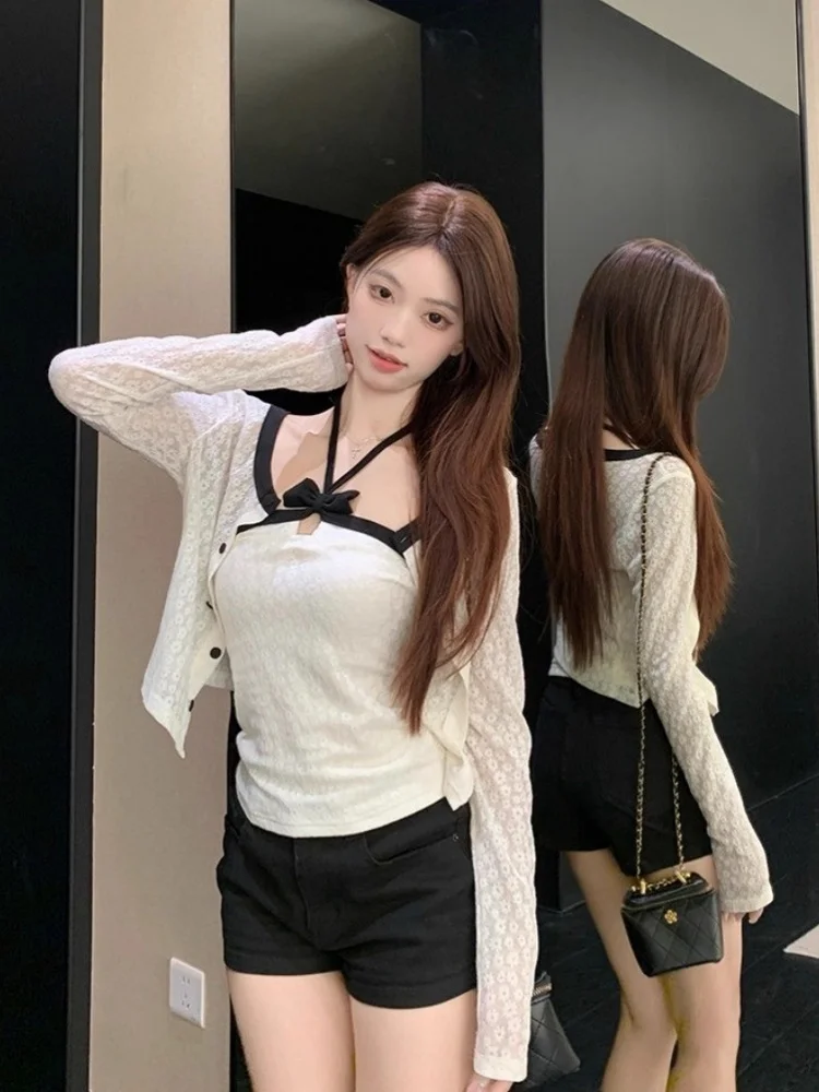 

Sexy Spicy Girl Long Sve Open Cardigan Set Women Early Spring Inner Wear Sexy Hanging Ne Vest Two Piece Set Pure Desire
