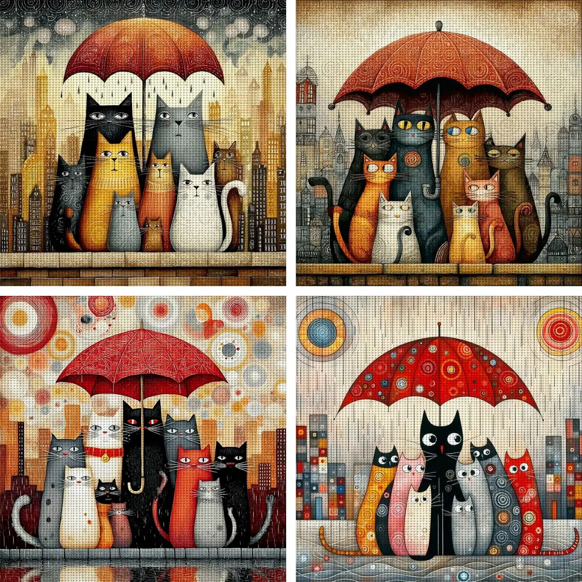 Regnerischer Tag, bunte Stadt, Katzen, Kreuzstich-Set, DIY 11Ct Stickerei, DIY-Kreuzstich-Set für Heimwanddekoration und Geschenke, handgefertigte Materialien, rahmenlos (halb-fertiges Produkt), 36 x