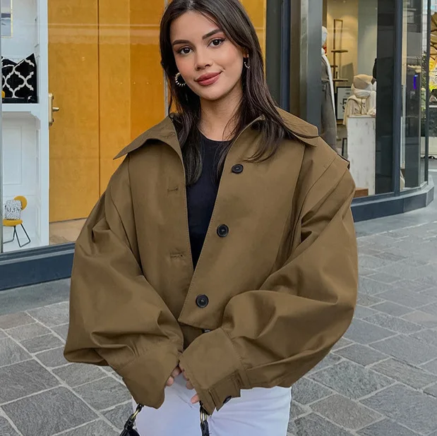 Khaki short trench coat women's design sense breasted lapel three-dimensional tailoring temperament commuter jacket