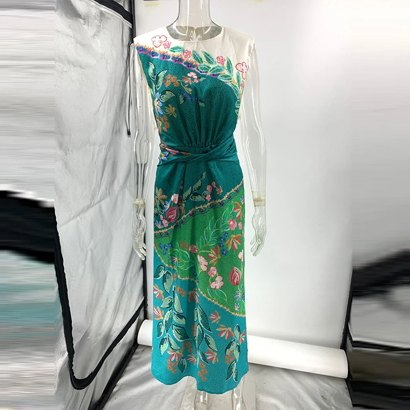 우아한 O넥 슬리브리스 휴가 드레스 2025 여성 패션 패턴 프린트 허리 파티 드레스 캐주얼 트위스트 새틴 보헤 롱 드레스