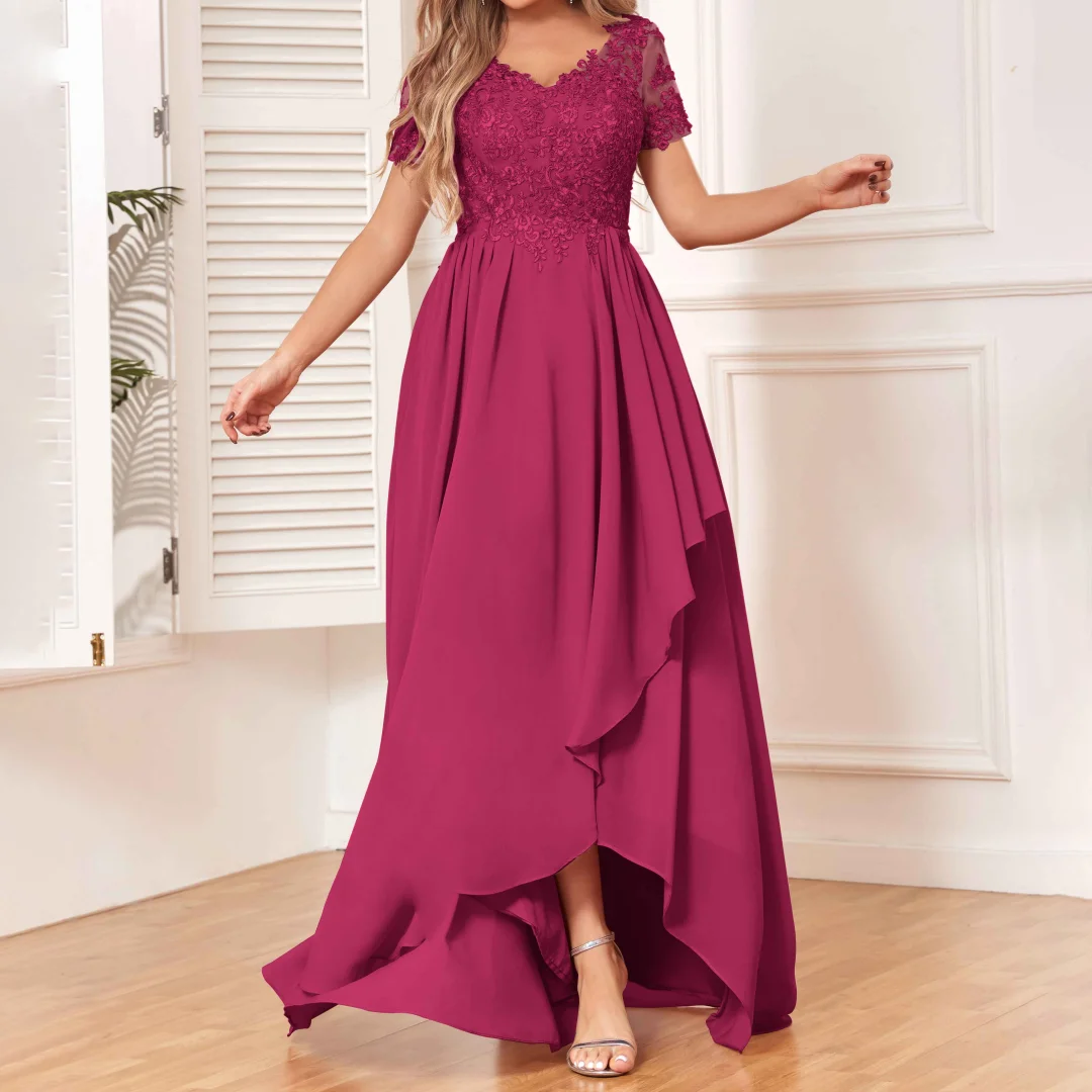 

Classic Chiffon Mother of the Bride Dresses With Appliques V-neck Short Sleeves High-low Ruffles Marriage Guest Gown For Wedding