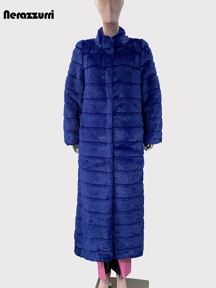 Nerazzurri Autumn Winter Extra Long Thick Warm Soft Fluffy Blue Striped Faux Mink Fur Coat Women Stand Collar Furry Overcoat