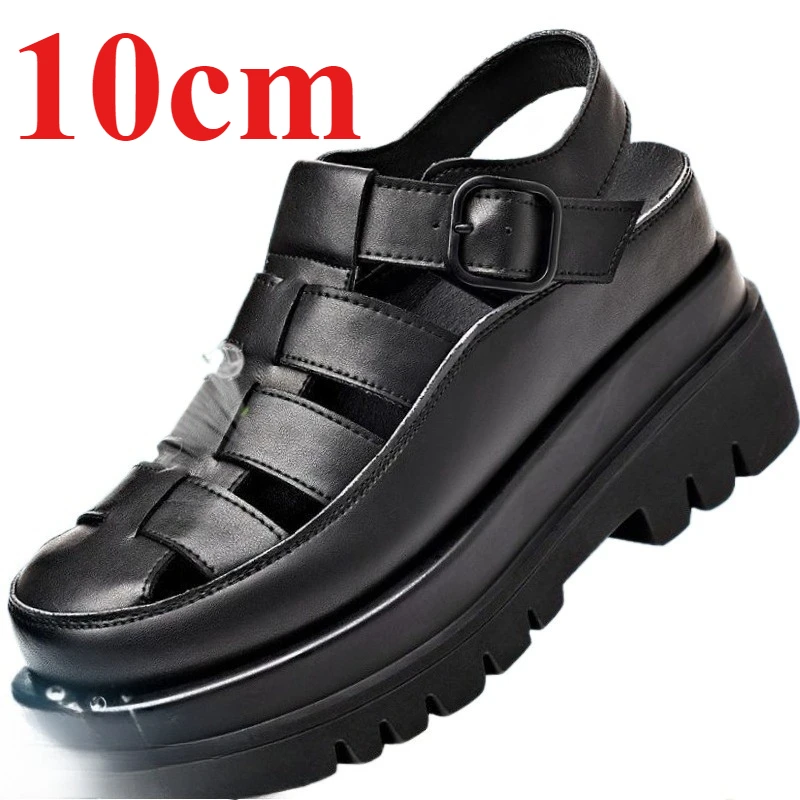 Summer Roman Sandals for Men's 10cm Elevated Shoes Genuine Leather British Casual Sandals Comfortable Thick Platform Beach Shoes