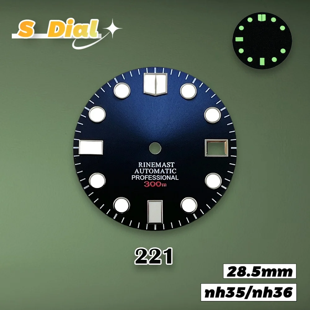 جديد 28.5 مللي متر S شعار NH35 موجة البحر مقياس السمك نمط الطلب صالح NH36/4R/7S اليابانية حركة الأخضر مضيئة ساعة اكسسوارات #6