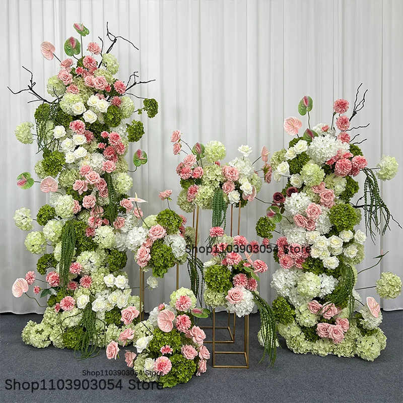 Rosa-grünes künstliches Blumenarrangement, luxuriöse Hochzeitsdekoration für den Gang, Säulen-Blumendeko, Hotel-Bankett, europäisches Tischblumen-Centerpiece – Detail 6