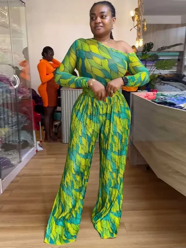 

Весна 2024, женские широкие брюки с длинным рукавом и принтом, асимметричный воротник, комплект плиссированного верха и низа, элегантный модный ансамбль