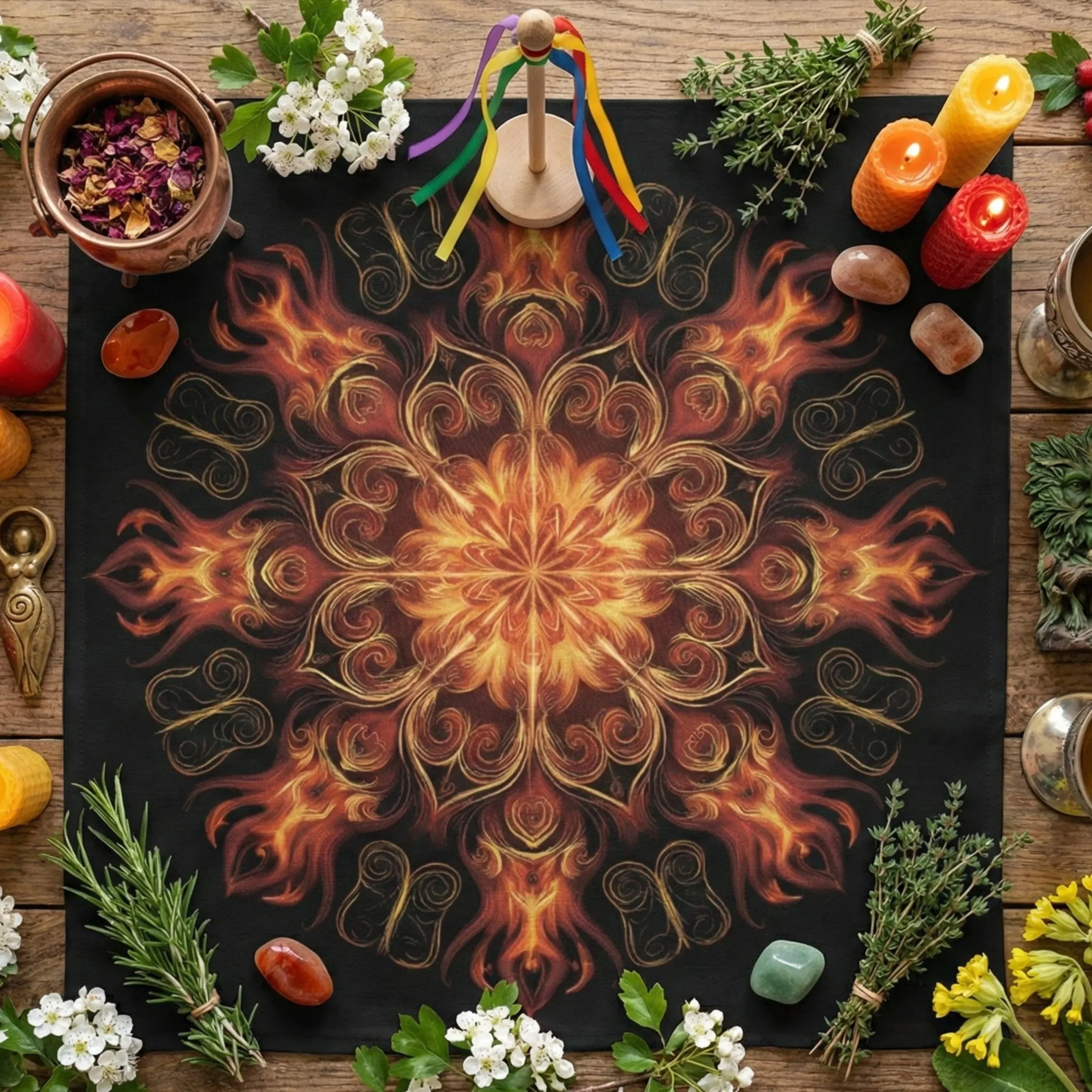 VIKAMA Dark Flame Mandala Tablecloth Witch Altar Cloth Fire Elements Tarot Divination Ceremony Tablecloth Tarot Card Tablecloth