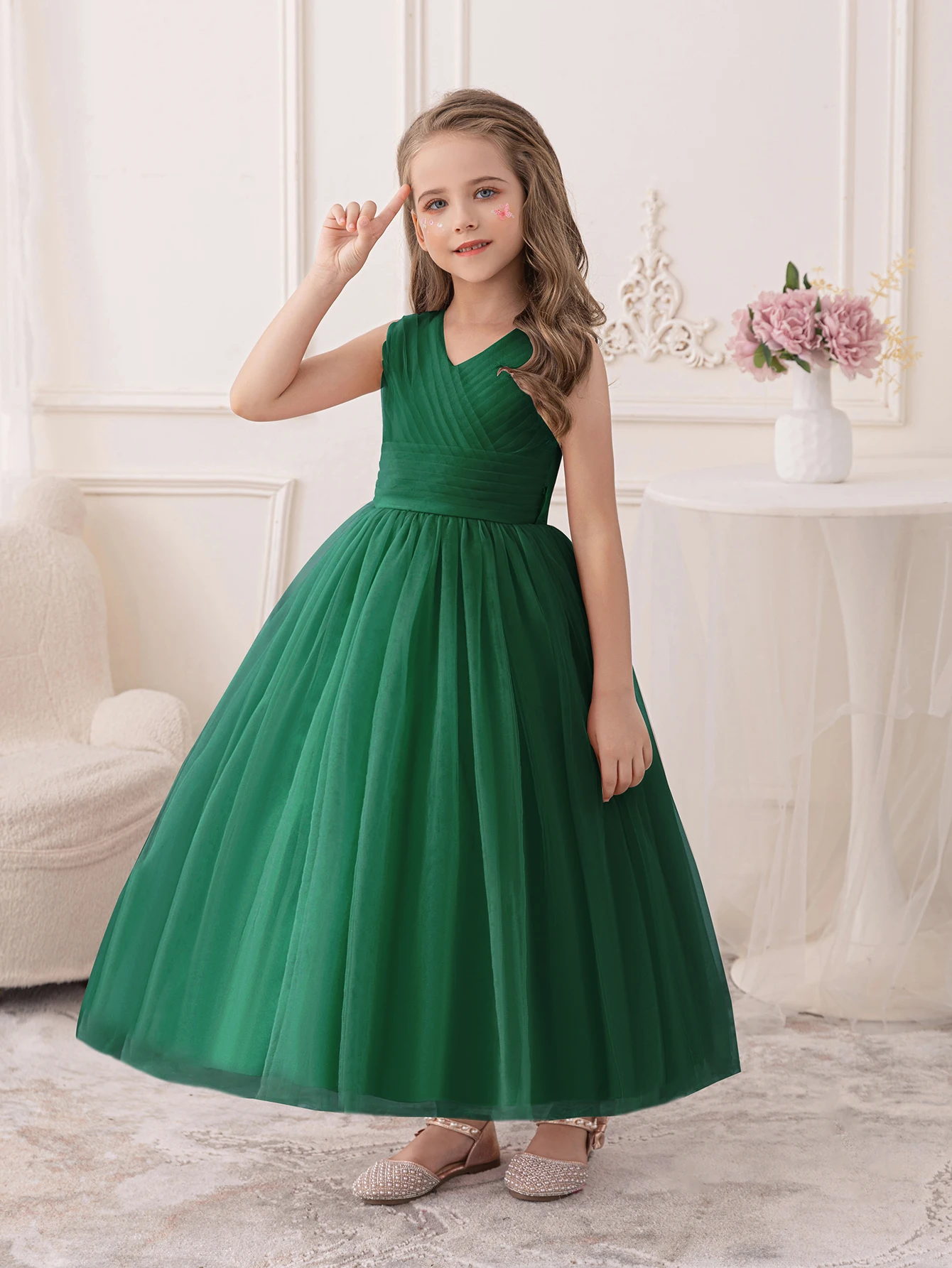 Dark Green Princess Dress New Designs for Young Girls Formal Tulle Party Bridesmaid Kids Beautiful Ball Gown Wedding Clothing