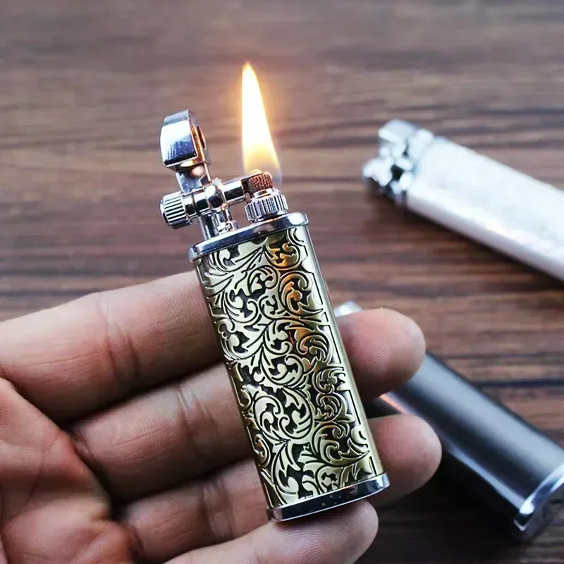 Retro Tang Grass Pattern Kerosene Lighter, Metal Material, Arm-raising Open Flame Grinder, Nostalgic Men's Gift