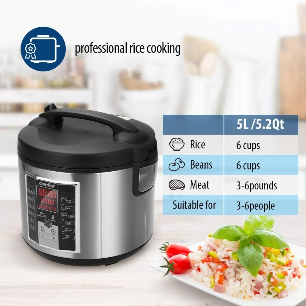 Rice Cooker, Slow Cooker, Steamer, Stewpot, Sauté All in One (12 Digital Cooking Programs) Multi Cooker (5.2Qt ) Large Capacity