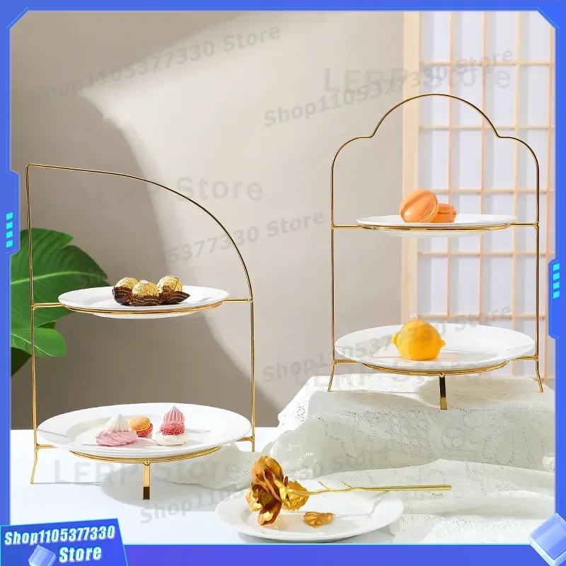 European Style Metal Cake Stand Double Tier Dessert Plate for Wedding Tea Party Fruit Dim Sum Display Western Pastry Tray