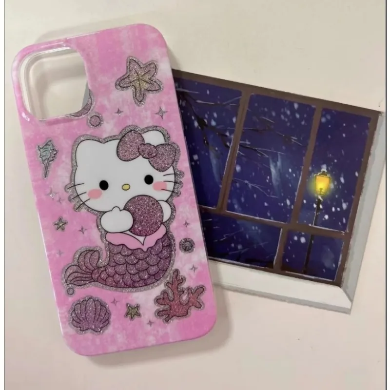 Y2k Hello Kitty Mermaid Flash Phone Case for 11 12 13 14 15 16 Pro Max Fashion Anime Kawaii Anti-fall XS Shiny Protective Cover