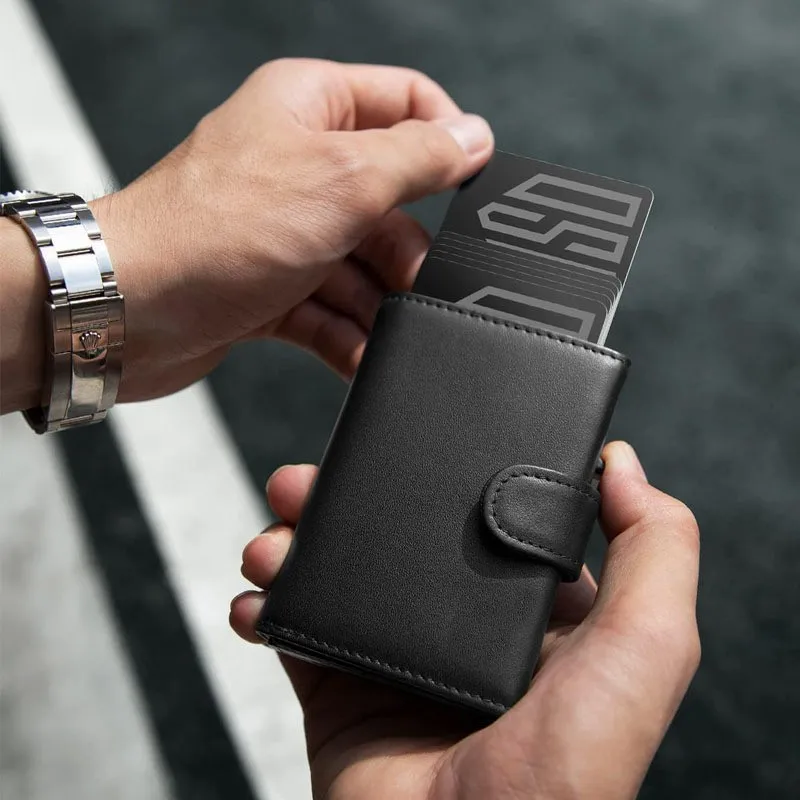 Men's Genuine Leather Trendy Wallet RFID Blocking with Aluminum Case Design Anti-Theft Magnetic Proof Zipper Coin Pocket Wallet