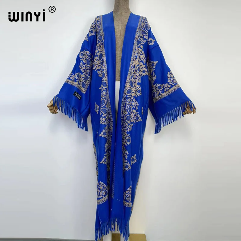 WINYI Winter Women tassel Pashmina haft długi płaszcz luźny, z klapami szata femme gruby ciepły bezpłatny rozmiar bliski wschód kobieta KIMONO