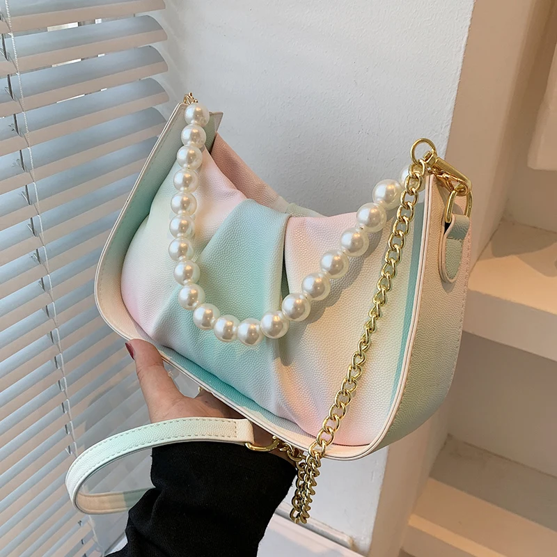 

Women's Pleated Cloud Bag 2022 New Simple All-Match Pearl Chain Crossbody Handbag Fashion Trend Soft PU Shoulder Underarm Bags