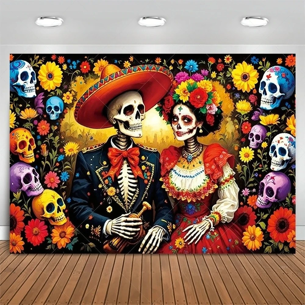 Day Of The Dead Party Backdrop Mexican Fiesta Sugar Skull Flowers Photography Background Dia De Los Muertos Party Supplies