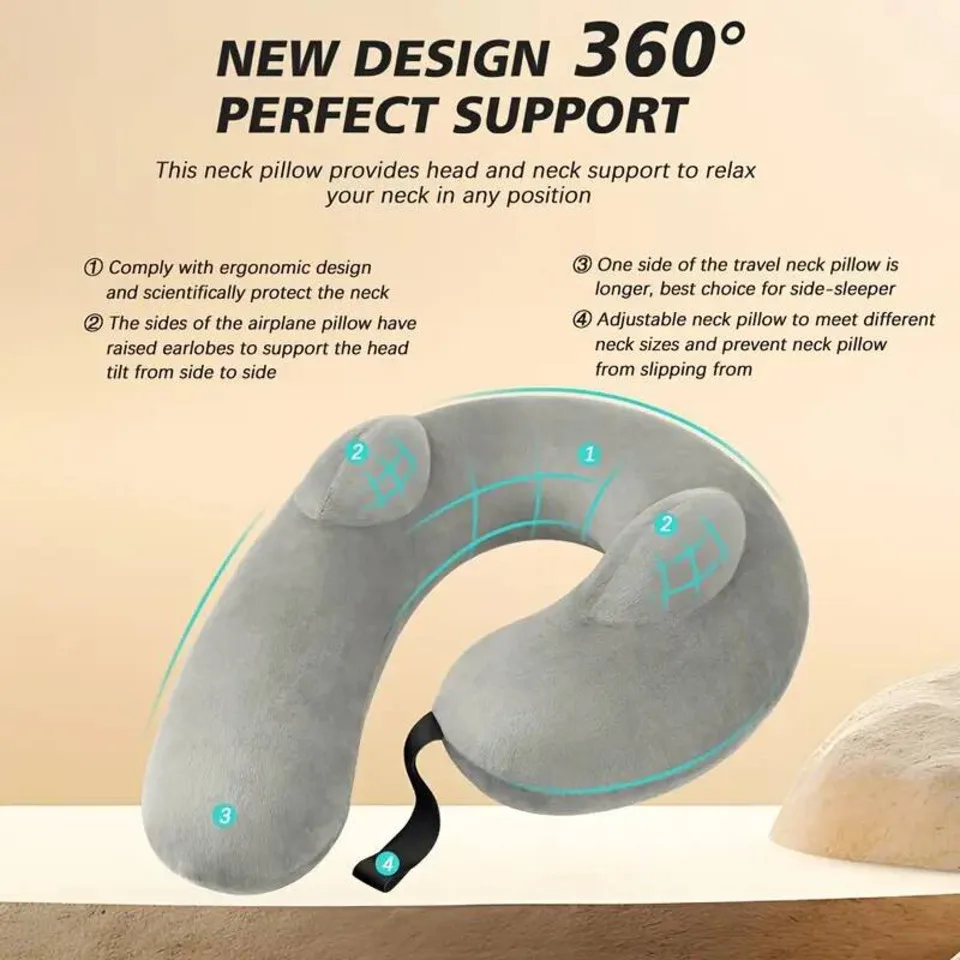 

Inflatable Travel Neck Pillow With 360° Head Neck Support Soft Washable Velvet Cover Compact For Airplane,train,car,office Home