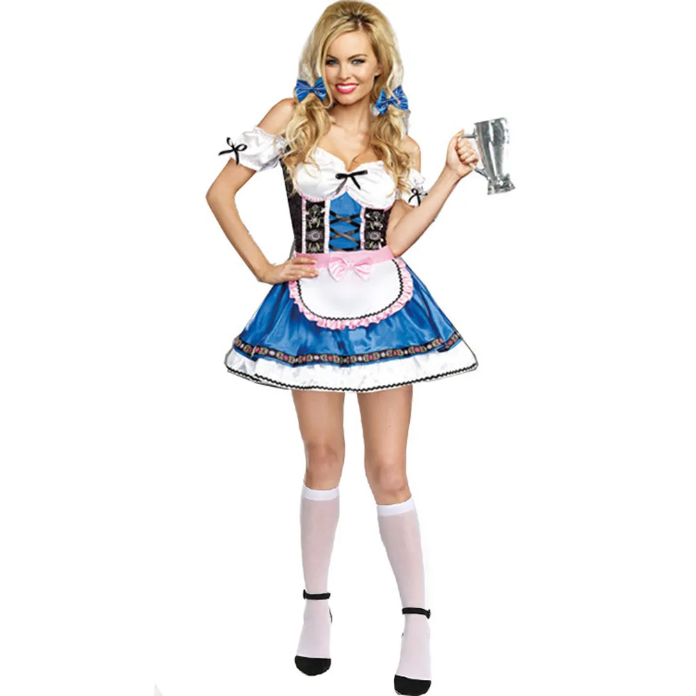 Ladies Party Germany Beer Festival Uniform Blue French Maid Cosplay Women Oktoberfest Beer Girl Server Costumes for Halloween