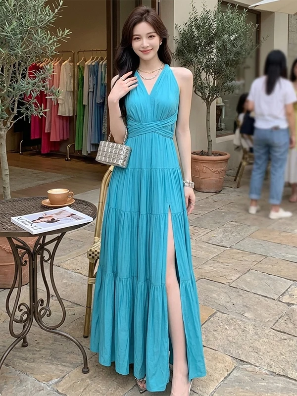 

Потрясающее синее летнее платье-макси с разрезом для женщин, красивое, простое, с завышенной талией, для отпуска и повседневной носки